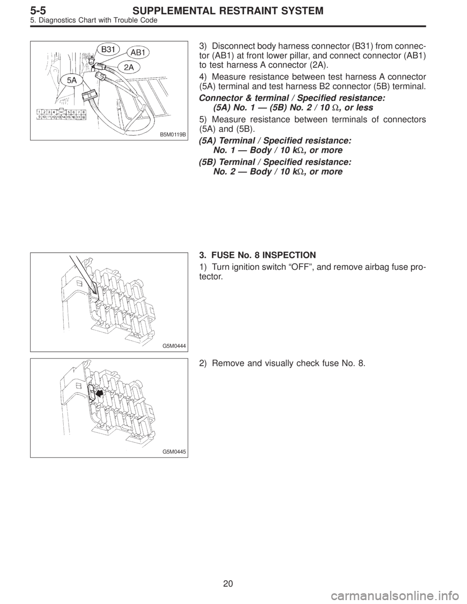 SUBARU LEGACY 1996  Service Repair Manual B5M0119B
3) Disconnect body harness connector (B31) from connec-
tor (AB1) at front lower pillar, and connect connector (AB1)
to test harness A connector (2A).
4) Measure resistance between test harne