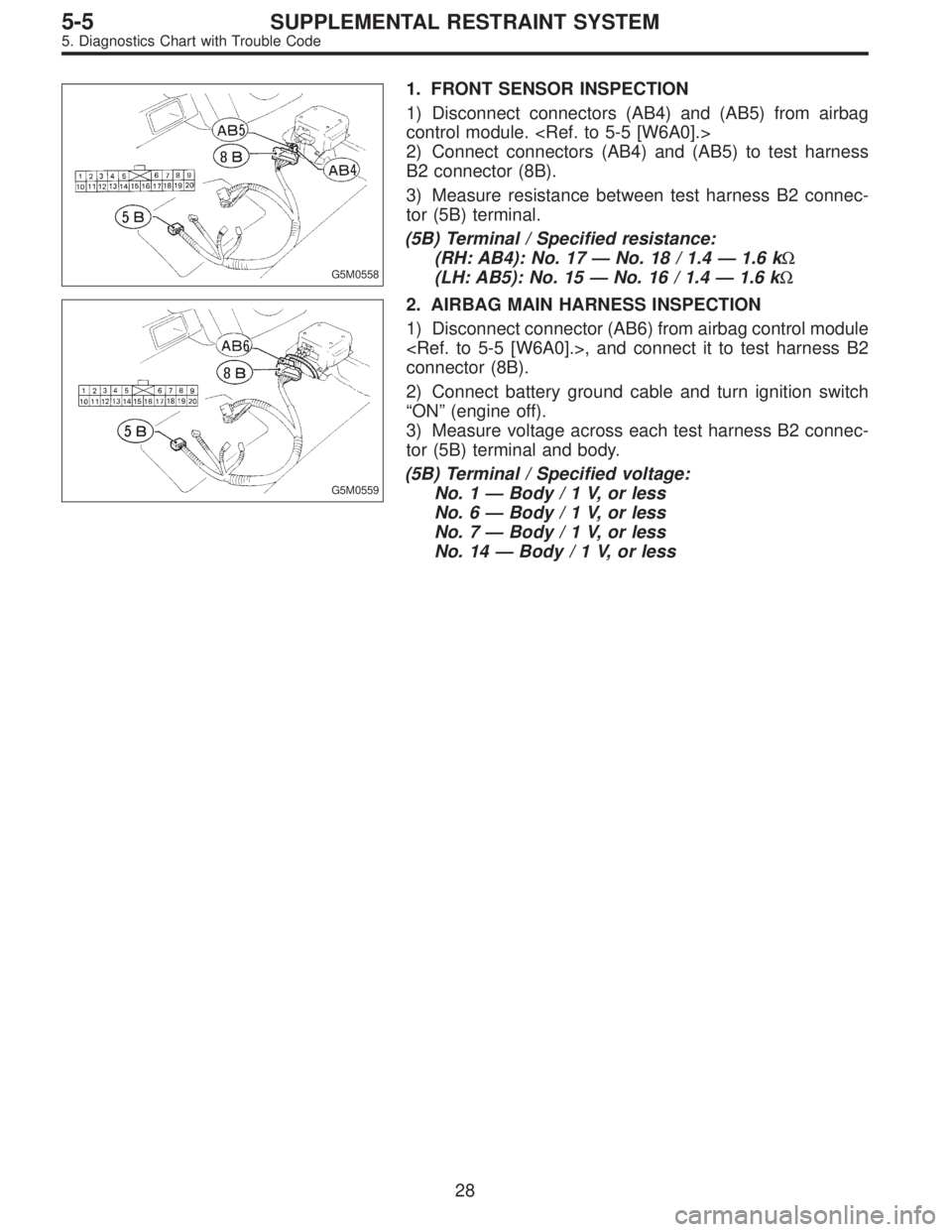 SUBARU LEGACY 1996  Service Repair Manual G5M0558
1. FRONT SENSOR INSPECTION
1) Disconnect connectors (AB4) and (AB5) from airbag
control module. <Ref. to 5-5 [W6A0].>
2) Connect connectors (AB4) and (AB5) to test harness
B2 connector (8B).
3
