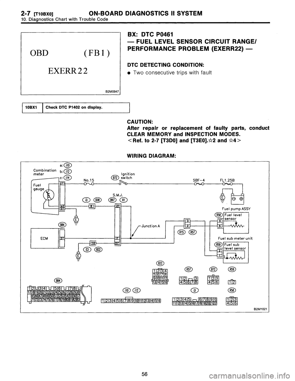 SUBARU LEGACY 1996  Service Repair Manual 2-7
RyoBxo]
ON-BOARD
DIAGNOSTICS
II
SYSTEM

10
.
DiagnosticsChart
with
Trouble
Code

OBD
(
F
B
1)

EXERR22

B2M0947

BX
:
DTC
P0461

-
FUEL
LEVEL
SENSOR
CIRCUIT
RANGE/

PERFORMANCEPROBLEM
(EXERR22)
-
