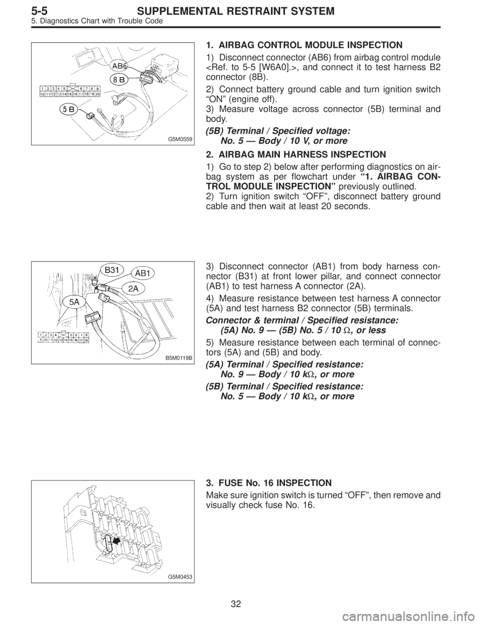 SUBARU LEGACY 1996  Service Repair Manual G5M0559
1. AIRBAG CONTROL MODULE INSPECTION
1) Disconnect connector (AB6) from airbag control module
<Ref. to 5-5 [W6A0].>, and connect it to test harness B2
connector (8B).
2) Connect battery ground 