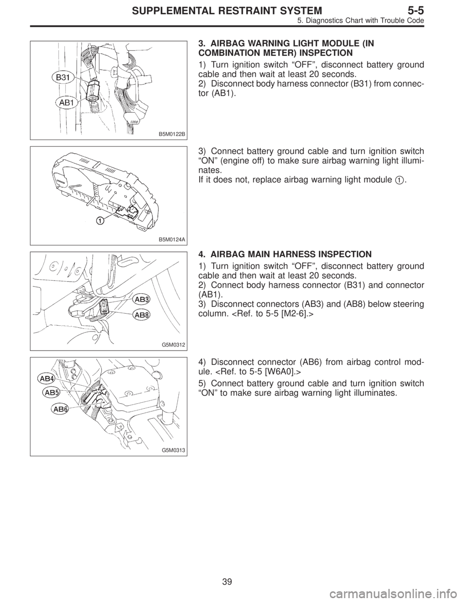 SUBARU LEGACY 1996  Service Repair Manual B5M0122B
3. AIRBAG WARNING LIGHT MODULE (IN
COMBINATION METER) INSPECTION
1) Turn ignition switch“OFF”, disconnect battery ground
cable and then wait at least 20 seconds.
2) Disconnect body harnes