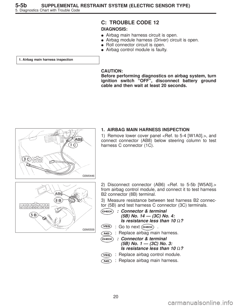 SUBARU LEGACY 1996  Service Repair Manual C: TROUBLE CODE 12
DIAGNOSIS:
Airbag main harness circuit is open.
Airbag module harness (Driver) circuit is open.
Roll connector circuit is open.
Airbag control module is faulty.
1. Airbag main h