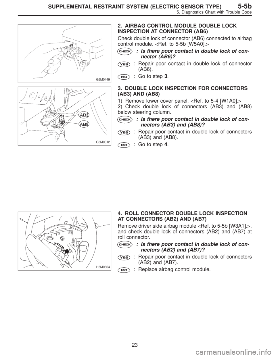 SUBARU LEGACY 1996  Service Repair Manual G5M0449
2. AIRBAG CONTROL MODULE DOUBLE LOCK
INSPECTION AT CONNECTOR (AB6)
Check double lock of connector (AB6) connected to airbag
control module. <Ref. to 5-5b [W5A0].>
: Is there poor contact in do