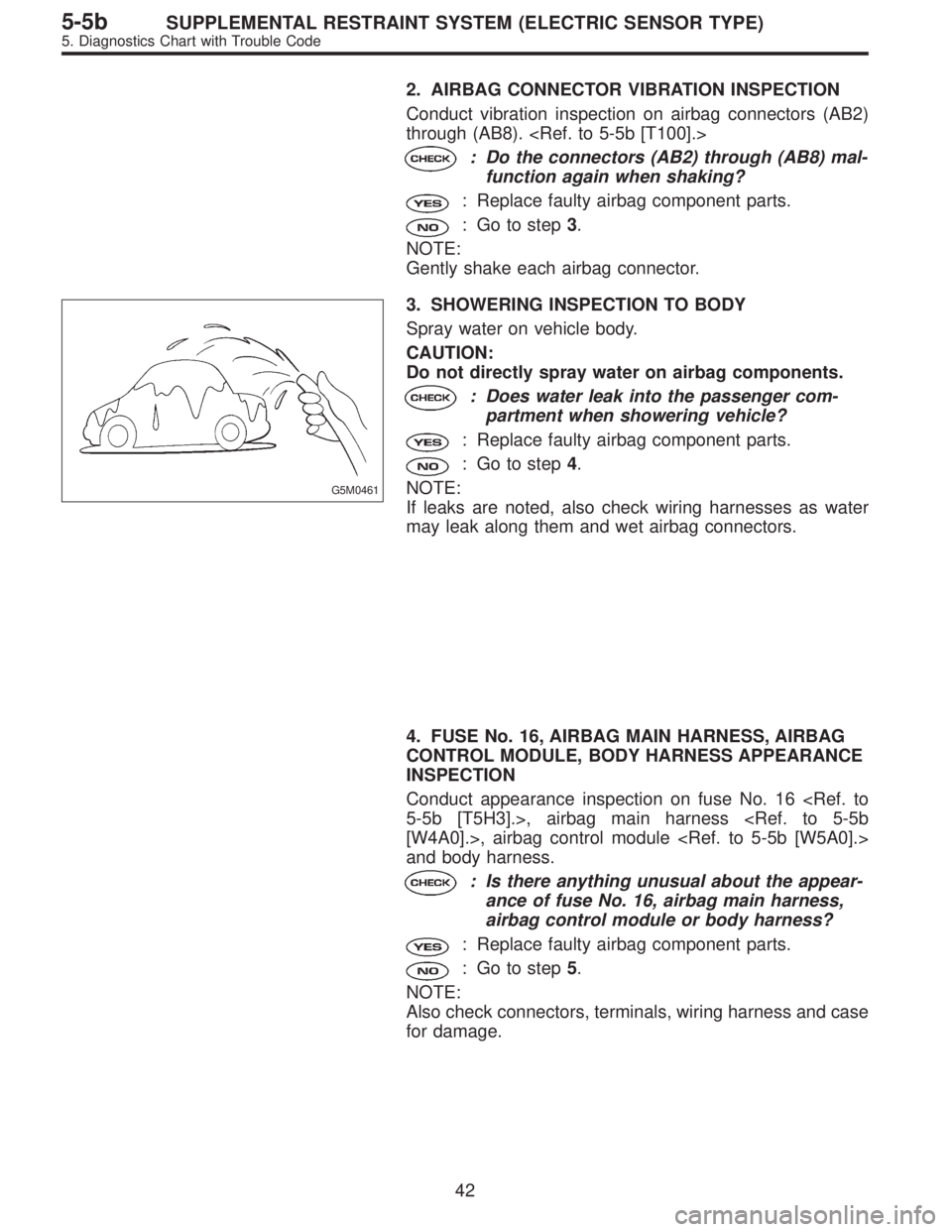 SUBARU LEGACY 1996  Service Repair Manual 2. AIRBAG CONNECTOR VIBRATION INSPECTION
Conduct vibration inspection on airbag connectors (AB2)
through (AB8). <Ref. to 5-5b [T100].>
: Do the connectors (AB2) through (AB8) mal-
function again when 