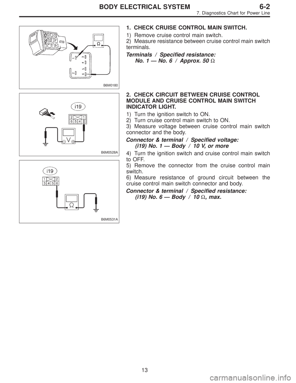 SUBARU LEGACY 1996  Service Repair Manual B6M0180
1. CHECK CRUISE CONTROL MAIN SWITCH.
1) Remove cruise control main switch.
2) Measure resistance between cruise control main switch
terminals.
Terminals / Specified resistance:
No. 1—No. 6 /