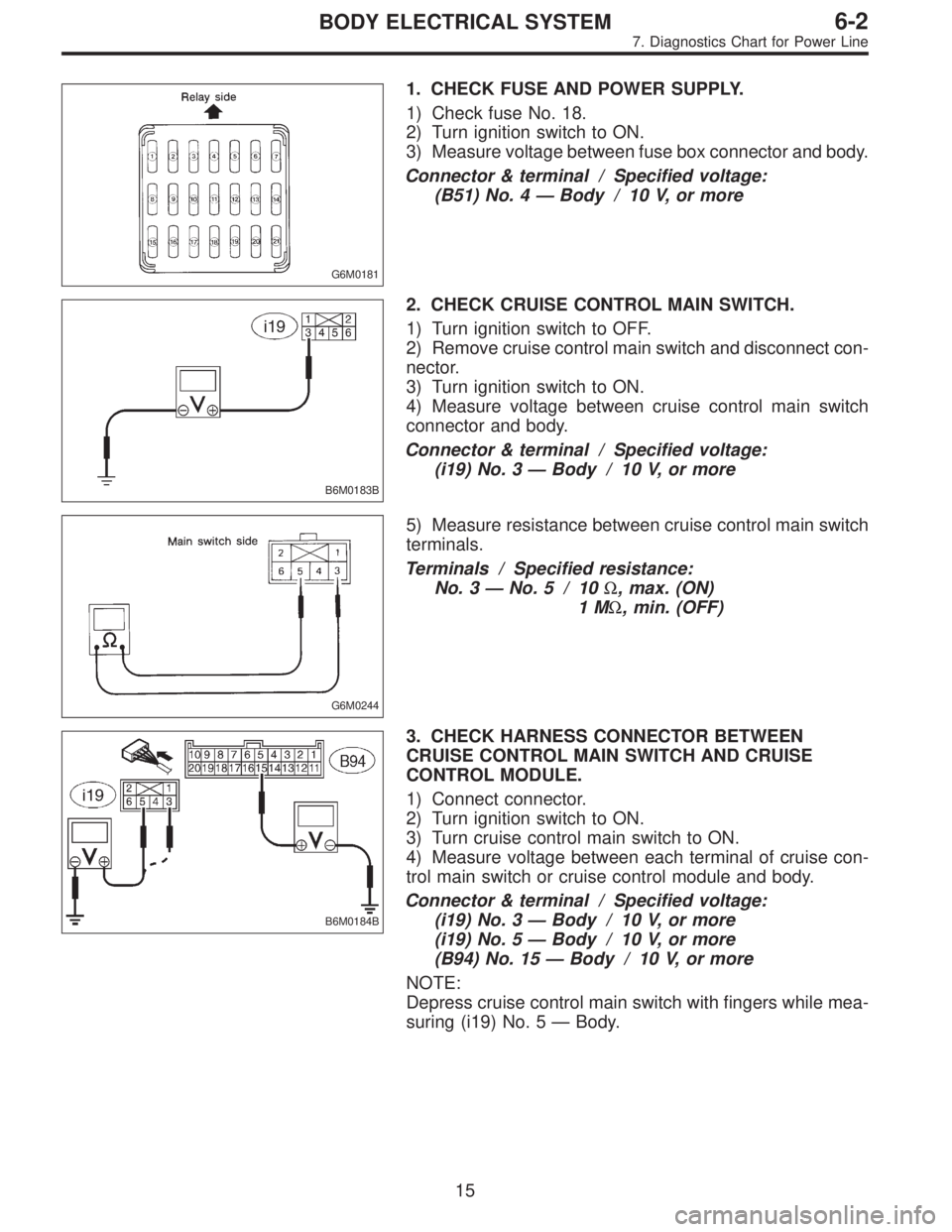SUBARU LEGACY 1996 Service Repair Manual G6M0181
1. CHECK FUSE AND POWER SUPPLY.
1) Check fuse No. 18.
2) Turn ignition switch to ON.
3) Measure voltage between fuse box connector and body.
Connector & terminal / Specified voltage:
(B51) No. SUBARU LEGACY 1996 Service Repair Manual G6M0181
1. CHECK FUSE AND POWER SUPPLY.
1) Check fuse No. 18.
2) Turn ignition switch to ON.
3) Measure voltage between fuse box connector and body.
Connector & terminal / Specified voltage:
(B51) No.