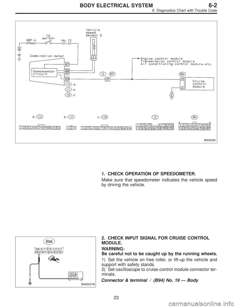 SUBARU LEGACY 1996  Service Repair Manual B6M0285
1. CHECK OPERATION OF SPEEDOMETER.
Make sure that speedometer indicates the vehicle speed
by driving the vehicle.
B6M0247B
2. CHECK INPUT SIGNAL FOR CRUISE CONTROL
MODULE.
WARNING:
Be careful 
