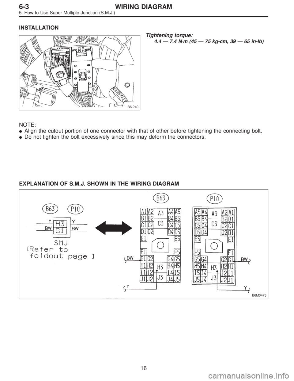 SUBARU LEGACY 1996  Service Repair Manual INSTALLATION
B6-240
Tightening torque:
4.4 — 7.4 N⋅m (45 — 75 kg-cm, 39 — 65 in-lb)
NOTE:
Align the cutout portion of one connector with that of other before tightening the connecting bolt.
