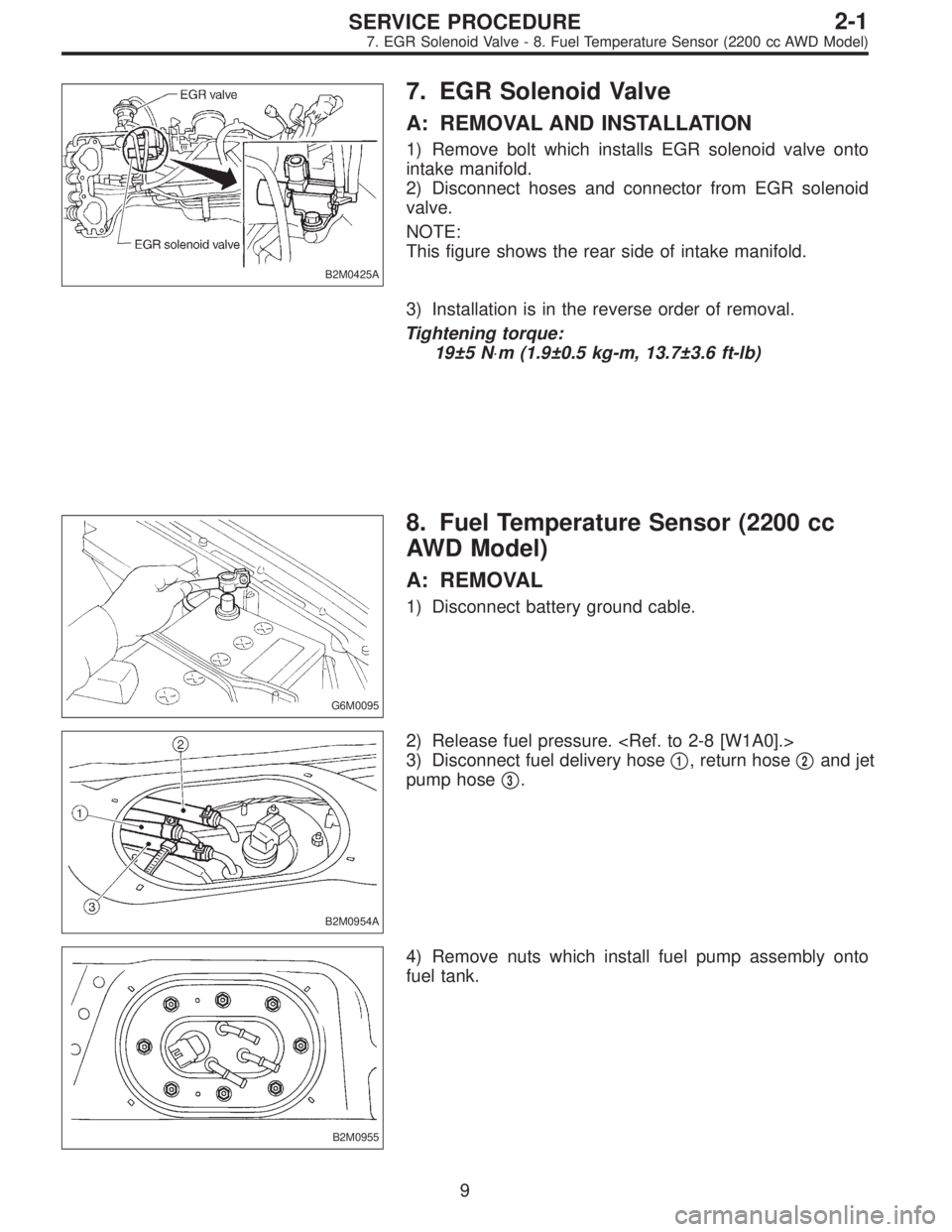 SUBARU LEGACY 1996  Service Repair Manual B2M0425A
7. EGR Solenoid Valve
A: REMOVAL AND INSTALLATION
1) Remove bolt which installs EGR solenoid valve onto
intake manifold.
2) Disconnect hoses and connector from EGR solenoid
valve.
NOTE:
This 