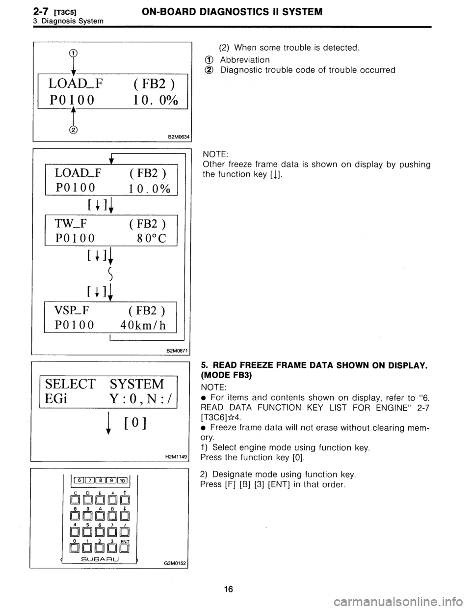 SUBARU LEGACY 1996  Service Repair Manual 2-7
[T3C5]
ON-BOARD
DIAGNOSTICS
11
SYSTEM

3
.
Diagnosis
System

1

LOAD_F
(
FB2
)

PO100
10
.0%

2
B2M0634
LOAD_F
(FB2
)

PO100
10
.0%

1o1

TW_F
(FB2
)

P0100
80-C

[1l

5

VSP_F
(FB2
)

PO
100
40km