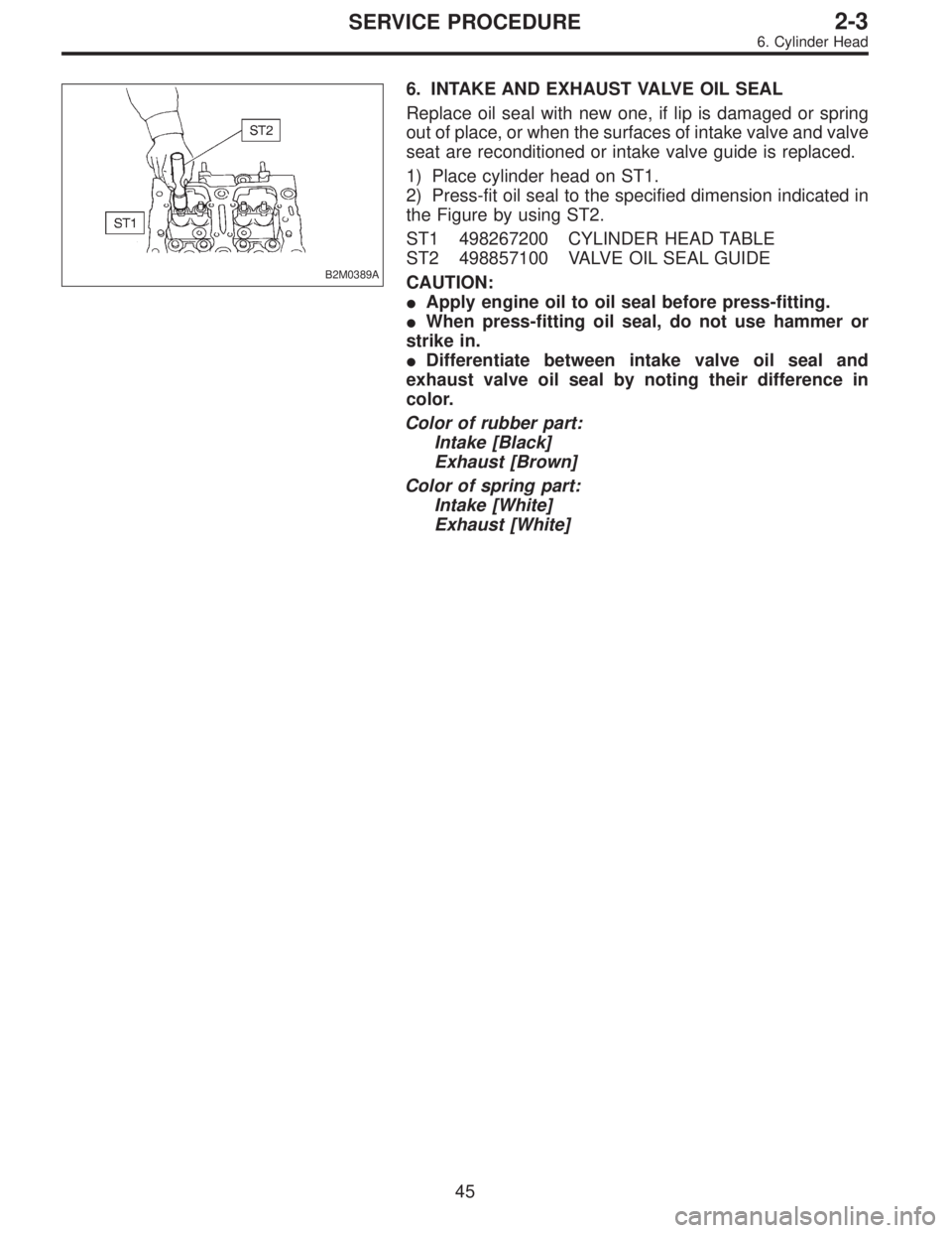 SUBARU LEGACY 1996  Service Repair Manual B2M0389A
6. INTAKE AND EXHAUST VALVE OIL SEAL
Replace oil seal with new one, if lip is damaged or spring
out of place, or when the surfaces of intake valve and valve
seat are reconditioned or intake v