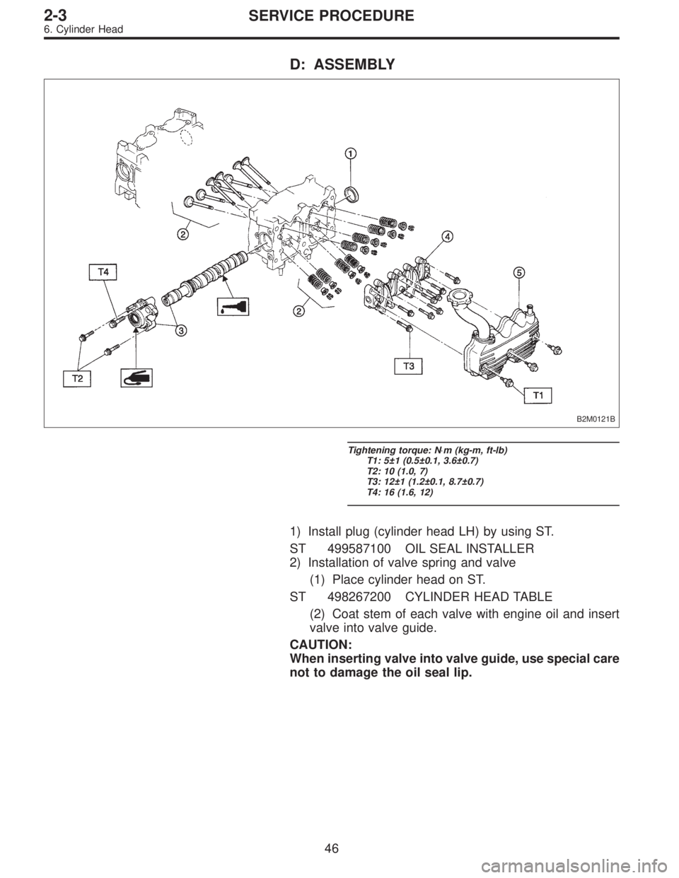 SUBARU LEGACY 1996  Service Repair Manual D: ASSEMBLY
B2M0121B
Tightening torque: N⋅m (kg-m, ft-lb)
T1: 5±1 (0.5±0.1, 3.6±0.7)
T2: 10 (1.0, 7)
T3: 12±1 (1.2±0.1, 8.7±0.7)
T4: 16 (1.6, 12)
1) Install plug (cylinder head LH) by using ST