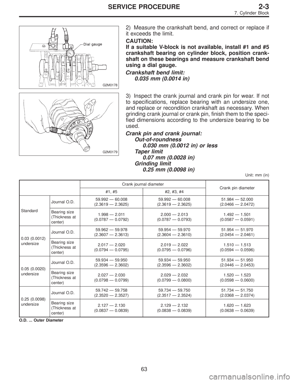 SUBARU LEGACY 1996 Service Repair Manual G2M0178
2) Measure the crankshaft bend, and correct or replace if
it exceeds the limit.
CAUTION:
If a suitable V-block is not available, install #1 and #5
crankshaft bearing on cylinder block, positio SUBARU LEGACY 1996 Service Repair Manual G2M0178
2) Measure the crankshaft bend, and correct or replace if
it exceeds the limit.
CAUTION:
If a suitable V-block is not available, install #1 and #5
crankshaft bearing on cylinder block, positio