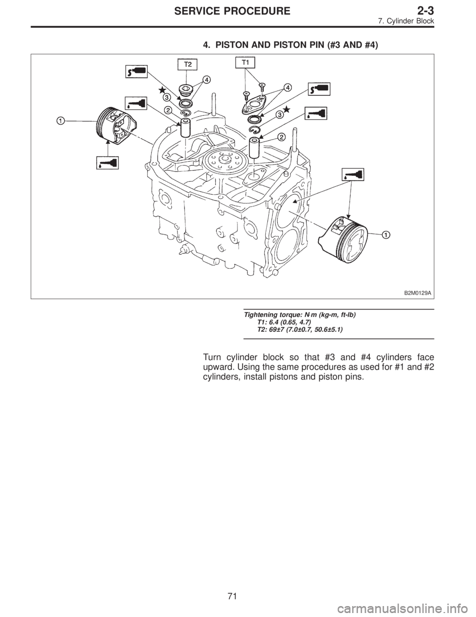 SUBARU LEGACY 1996  Service Repair Manual 4. PISTON AND PISTON PIN (#3 AND #4)
B2M0129A
Tightening torque: N⋅m (kg-m, ft-lb)
T1: 6.4 (0.65, 4.7)
T2: 69±7 (7.0±0.7, 50.6±5.1)
Turn cylinder block so that #3 and #4 cylinders face
upward. Us