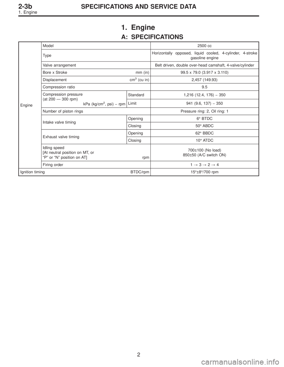 SUBARU LEGACY 1996  Service Repair Manual 1. Engine
A: SPECIFICATIONS
EngineModel2500 cc
TypeHorizontally opposed, liquid cooled, 4-cylinder, 4-stroke
gasoline engine
Valve arrangement Belt driven, double over-head camshaft, 4-valve/cylinder
