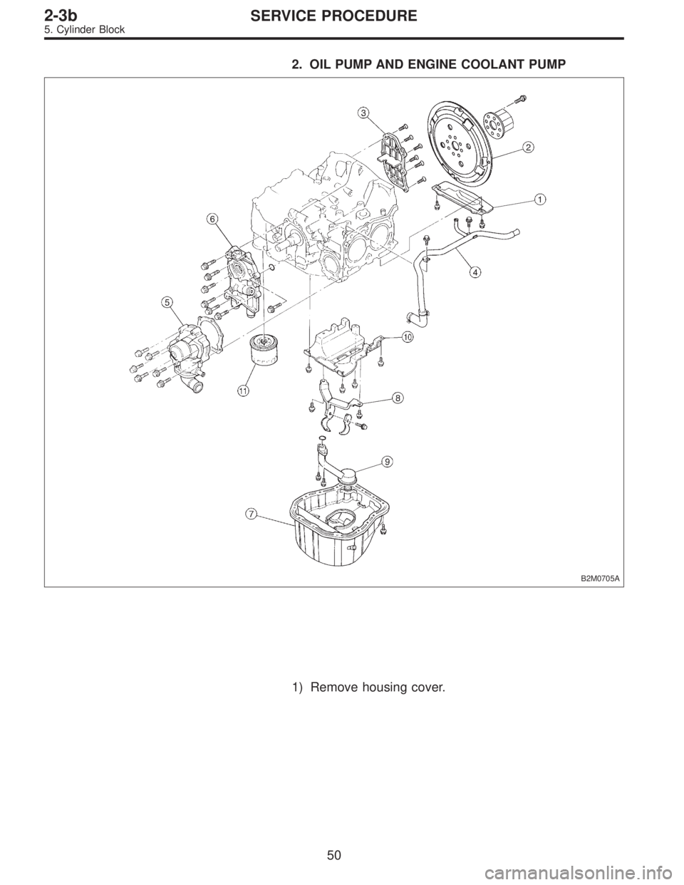 SUBARU LEGACY 1996  Service Repair Manual 2. OIL PUMP AND ENGINE COOLANT PUMP
B2M0705A
1) Remove housing cover.
50
2-3bSERVICE PROCEDURE
5. Cylinder Block  