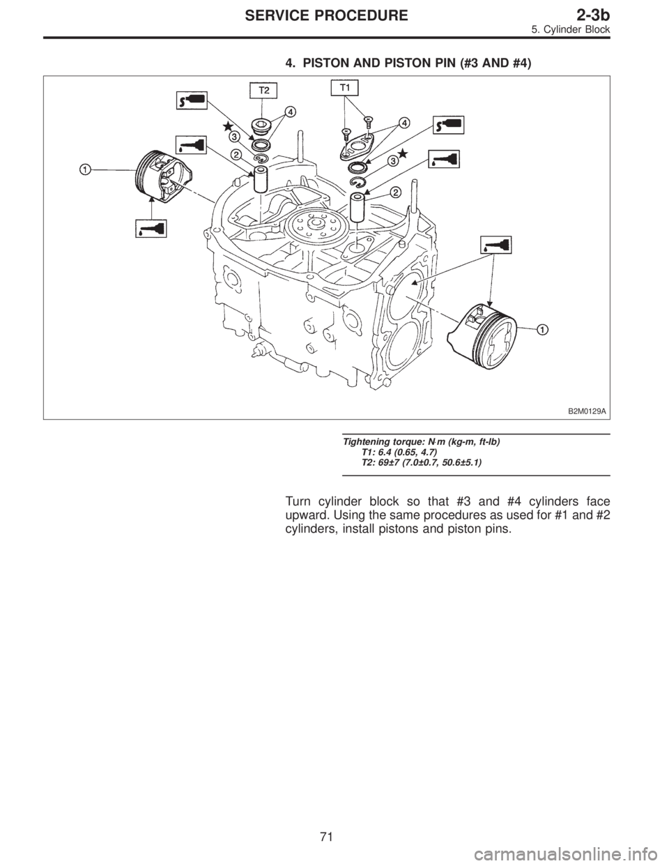 SUBARU LEGACY 1996  Service Repair Manual 4. PISTON AND PISTON PIN (#3 AND #4)
B2M0129A
Tightening torque: N⋅m (kg-m, ft-lb)
T1: 6.4 (0.65, 4.7)
T2: 69±7 (7.0±0.7, 50.6±5.1)
Turn cylinder block so that #3 and #4 cylinders face
upward. Us