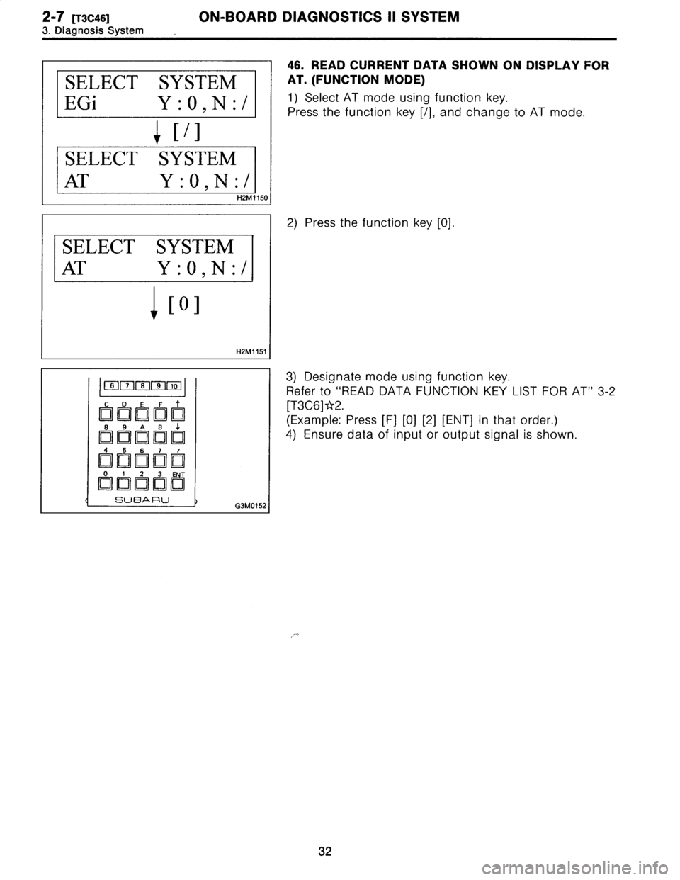 SUBARU LEGACY 1996  Service Repair Manual 2-7
[T3C46]
ON-BOARD
DIAGNOSTICS
11
SYSTEM

3
.
Diagnosis
System

SELECT
SYSTEM

EGi
Y
:O,N
:/

l
1/1

SELECT
SYSTEM

AT
Y
:O,N
:/

H2M1150

SELECT
SYSTEM

AT
Y
:O,N
:/

1101

H2M1151I

OO
0FU0
,o

C

