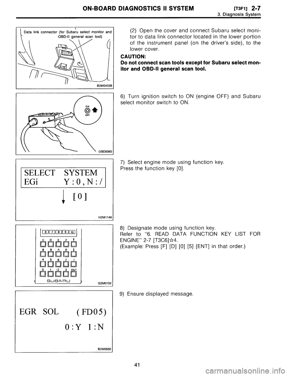 SUBARU LEGACY 1996  Service Repair Manual 
ON-BOARD
DIAGNOSTICS
II
SYSTEM
[T3F1]
2-7

3
.
Diagnosis
System

SELECT
SYSTEM

EGi
Y
:O,N
:/

~
101

H2M
1149
I

0000
~o

a~a~o
e
sA
e1

n
F03
1-01
Fol
0
4567
/

Fol
FE-11
0
F-01
no
0
23
ENT

F

F

