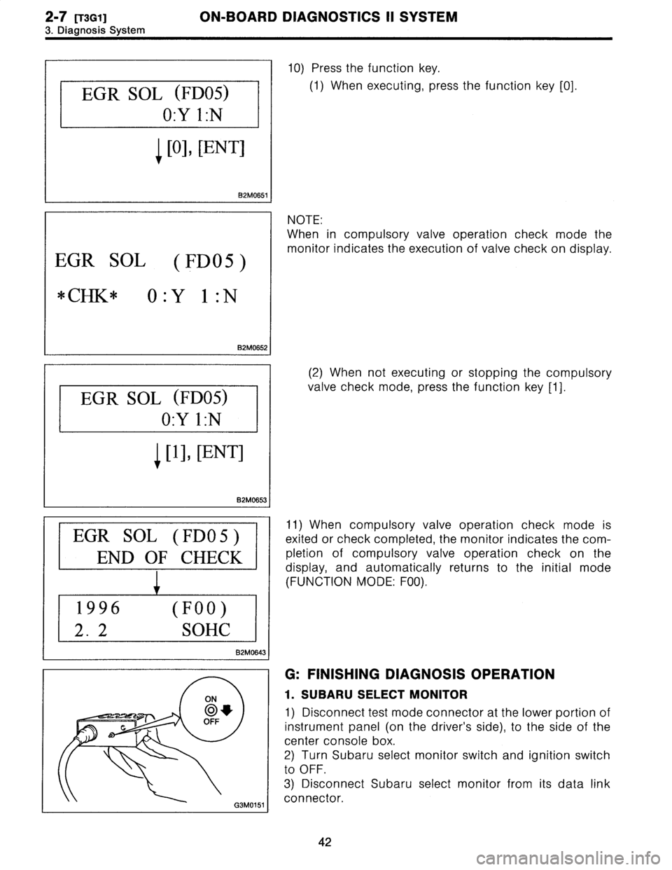 SUBARU LEGACY 1996  Service Repair Manual 2-7
[T3G1]
ON-BOARD
DIAGNOSTICS
II
SYSTEM

3
.
Diagnosis
System

EGR
SOL
(FDOS)

OX
IN

1
[0],
[ENT]

BMW
I

EGR
SOL
(FDOS)

*CHK*
O
:Y
1
:N

82M0652

EGR
SOL
(FDOS)

OX
1N

1
[1],
[ENT]

82M0653
I

E