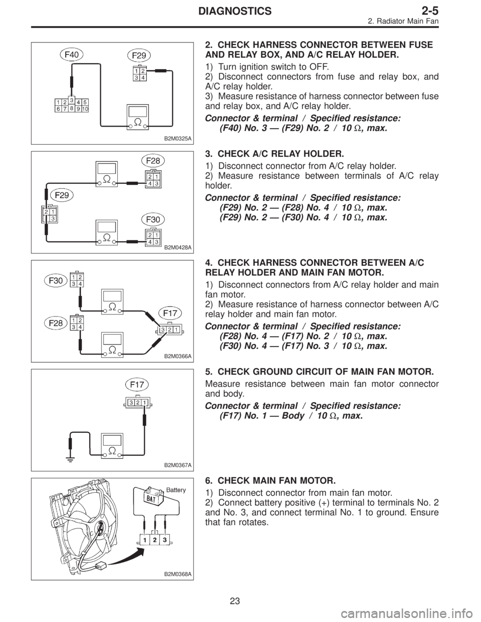SUBARU LEGACY 1996 Service Repair Manual B2M0325A
2. CHECK HARNESS CONNECTOR BETWEEN FUSE
AND RELAY BOX, AND A/C RELAY HOLDER.
1) Turn ignition switch to OFF.
2) Disconnect connectors from fuse and relay box, and
A/C relay holder.
3) Measure SUBARU LEGACY 1996 Service Repair Manual B2M0325A
2. CHECK HARNESS CONNECTOR BETWEEN FUSE
AND RELAY BOX, AND A/C RELAY HOLDER.
1) Turn ignition switch to OFF.
2) Disconnect connectors from fuse and relay box, and
A/C relay holder.
3) Measure