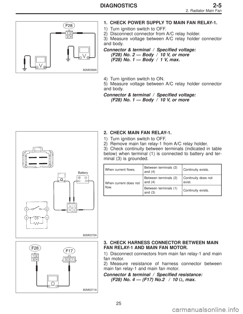 SUBARU LEGACY 1996 Service Repair Manual B2M0369A
1. CHECK POWER SUPPLY TO MAIN FAN RELAY-1.
1) Turn ignition switch to OFF.
2) Disconnect connector from A/C relay holder.
3) Measure voltage between A/C relay holder connector
and body.
Conne SUBARU LEGACY 1996 Service Repair Manual B2M0369A
1. CHECK POWER SUPPLY TO MAIN FAN RELAY-1.
1) Turn ignition switch to OFF.
2) Disconnect connector from A/C relay holder.
3) Measure voltage between A/C relay holder connector
and body.
Conne