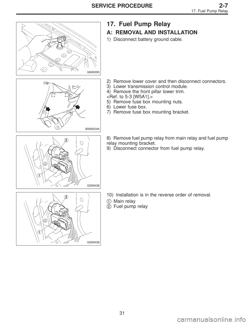 SUBARU LEGACY 1996  Service Repair Manual G6M0095
17. Fuel Pump Relay
A: REMOVAL AND INSTALLATION
1) Disconnect battery ground cable.
B5M0024A
2) Remove lower cover and then disconnect connectors.
3) Lower transmission control module.
4) Remo