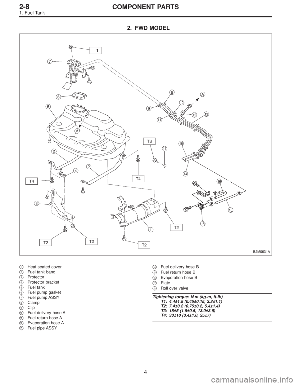 SUBARU LEGACY 1996  Service Repair Manual 2. FWD MODEL
B2M0631A
1Heat seated cover

2Fuel tank band

3Protector

4Protector bracket

5Fuel tank

6Fuel pump gasket

7Fuel pump ASSY

8Clamp

9Clip

10Fuel delivery hose A

11Fuel retu
