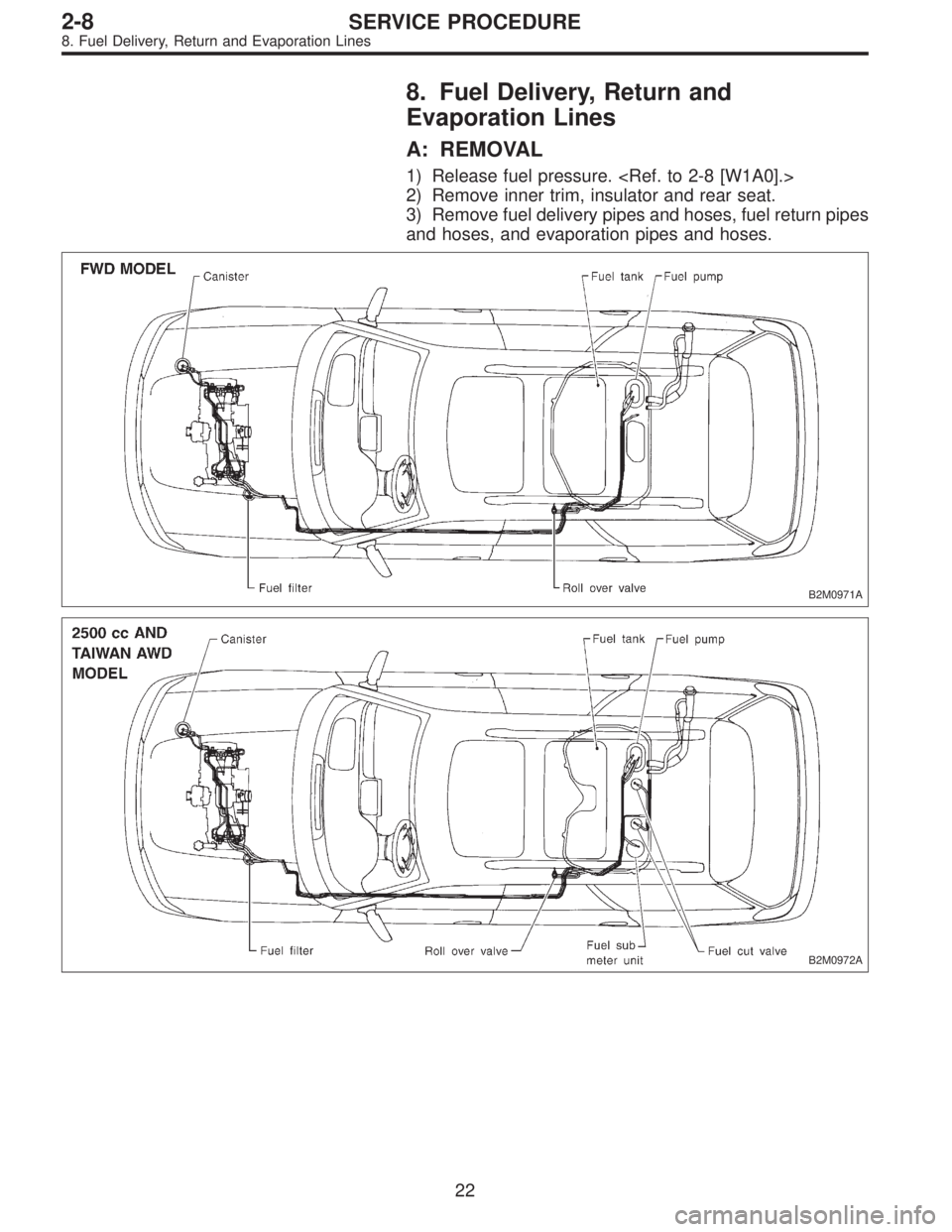 SUBARU LEGACY 1996  Service Repair Manual 8. Fuel Delivery, Return and
Evaporation Lines
A: REMOVAL
1) Release fuel pressure. <Ref. to 2-8 [W1A0].>
2) Remove inner trim, insulator and rear seat.
3) Remove fuel delivery pipes and hoses, fuel r