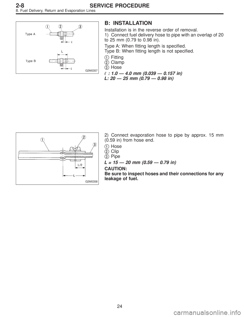 SUBARU LEGACY 1996  Service Repair Manual G2M0357
B: INSTALLATION
Installation is in the reverse order of removal.
1) Connect fuel delivery hose to pipe with an overlap of 20
to 25 mm (0.79 to 0.98 in).
Type A: When fitting length is specifie