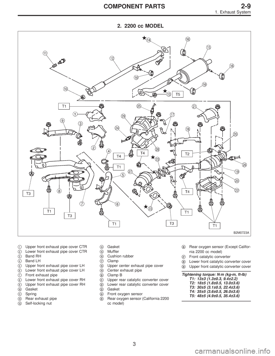 SUBARU LEGACY 1996  Service Repair Manual 2. 2200 cc MODEL
B2M0723A
1Upper front exhaust pipe cover CTR

2Lower front exhaust pipe cover CTR

3Band RH

4Band LH

5Upper front exhaust pipe cover LH

6Lower front exhaust pipe cover LH

7