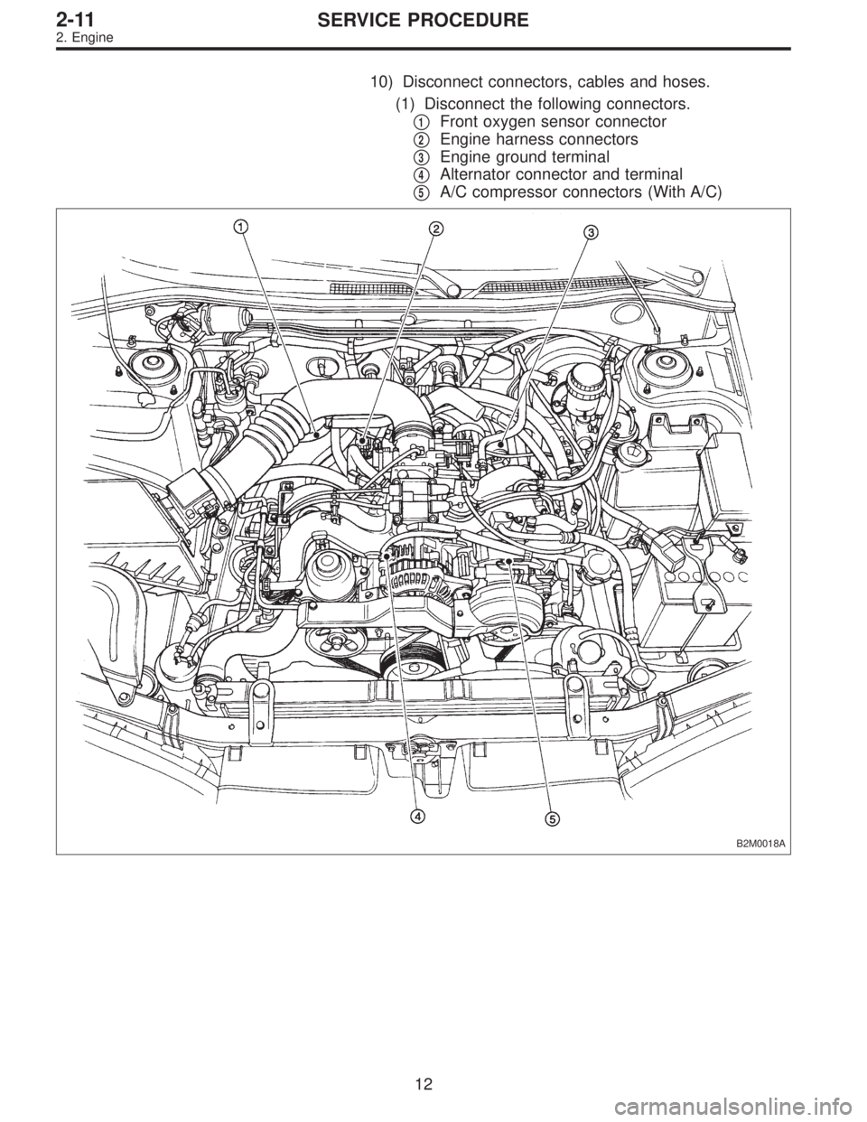 SUBARU LEGACY 1996  Service Repair Manual 10) Disconnect connectors, cables and hoses.
(1) Disconnect the following connectors.

1Front oxygen sensor connector

2Engine harness connectors

3Engine ground terminal

4Alternator connector an