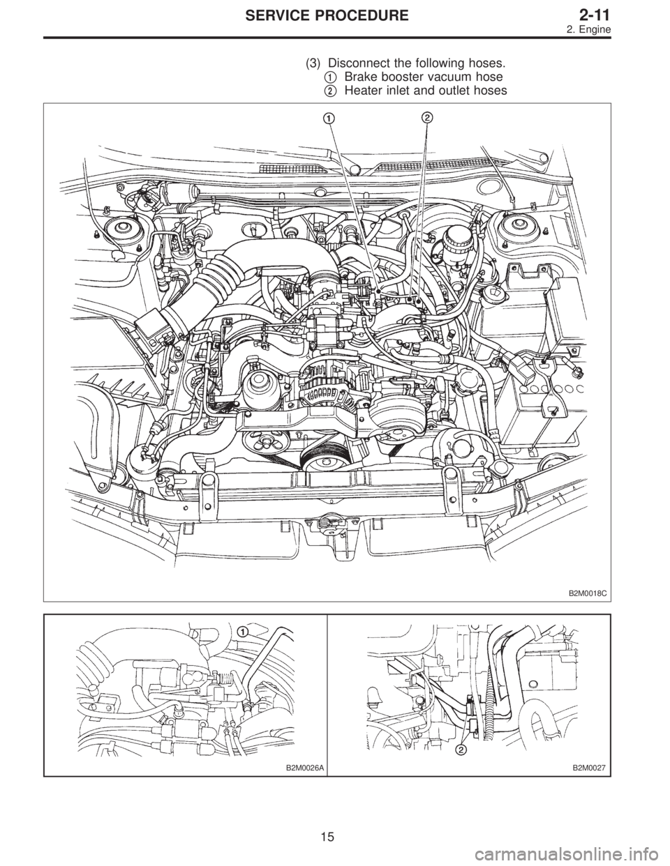 SUBARU LEGACY 1996  Service Repair Manual (3) Disconnect the following hoses.

1Brake booster vacuum hose

2Heater inlet and outlet hoses
B2M0018C
B2M0026AB2M0027
15
2-11SERVICE PROCEDURE
2. Engine  