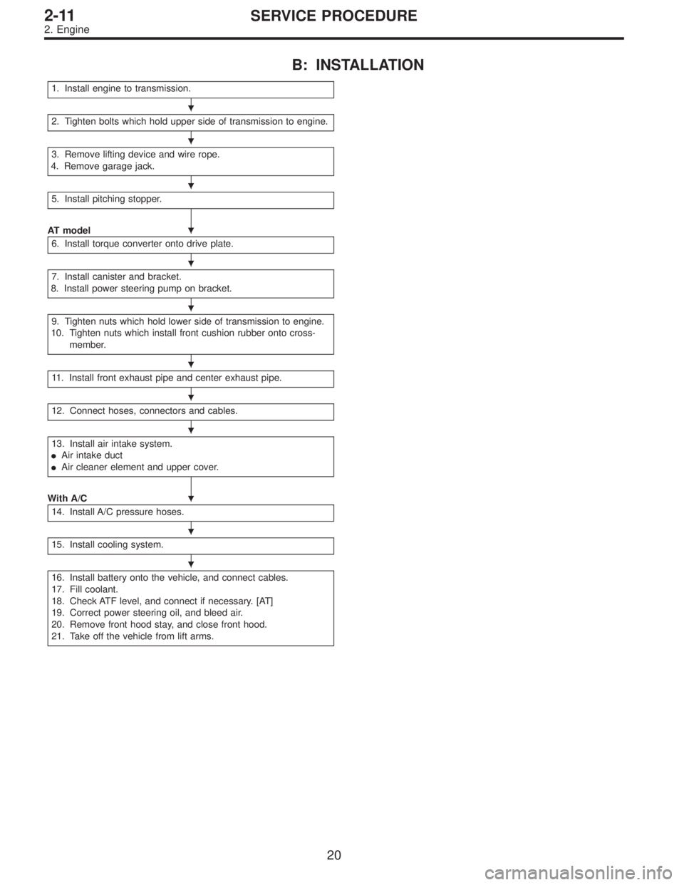 SUBARU LEGACY 1996  Service Repair Manual B: INSTALLATION
1. Install engine to transmission.
2. Tighten bolts which hold upper side of transmission to engine.
3. Remove lifting device and wire rope.
4. Remove garage jack.
5. Install pitching 