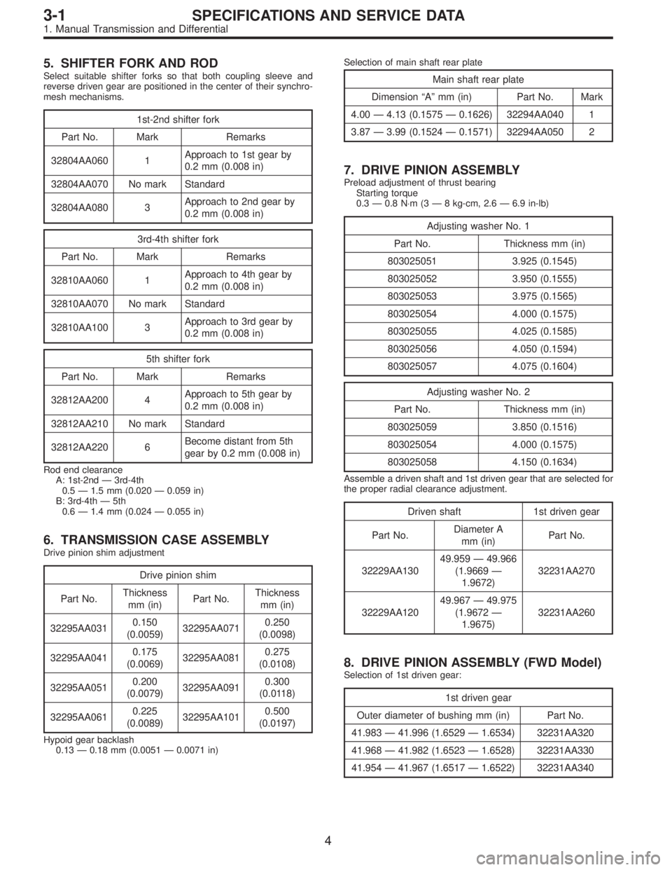 SUBARU LEGACY 1996 Service Repair Manual 5. SHIFTER FORK AND ROD
Select suitable shifter forks so that both coupling sleeve and
reverse driven gear are positioned in the center of their synchro-
mesh mechanisms.
1st-2nd shifter fork
Part No. SUBARU LEGACY 1996 Service Repair Manual 5. SHIFTER FORK AND ROD
Select suitable shifter forks so that both coupling sleeve and
reverse driven gear are positioned in the center of their synchro-
mesh mechanisms.
1st-2nd shifter fork
Part No.