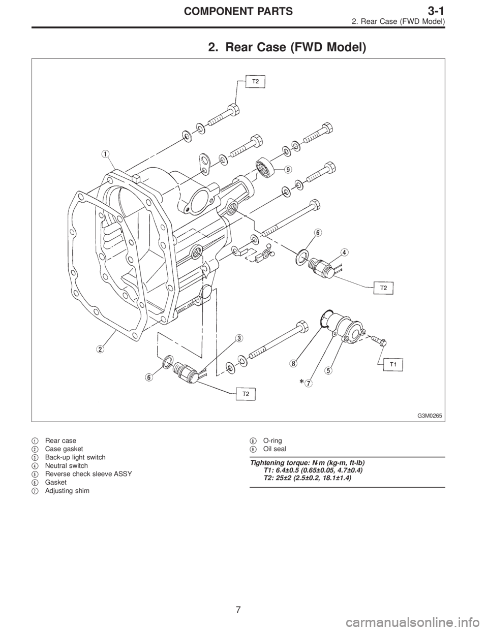 SUBARU LEGACY 1996  Service Repair Manual 2. Rear Case (FWD Model)
G3M0265
1Rear case

2Case gasket

3Back-up light switch

4Neutral switch

5Reverse check sleeve ASSY

6Gasket

7Adjusting shim
8O-ring

9Oil seal
Tightening torque: N