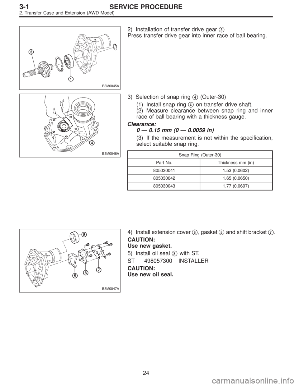 SUBARU LEGACY 1996  Service Repair Manual B3M0045A
2) Installation of transfer drive gear3
Press transfer drive gear into inner race of ball bearing.
B3M0046A
3) Selection of snap ring4(Outer-30)
(1) Install snap ring
4on transfer drive sh