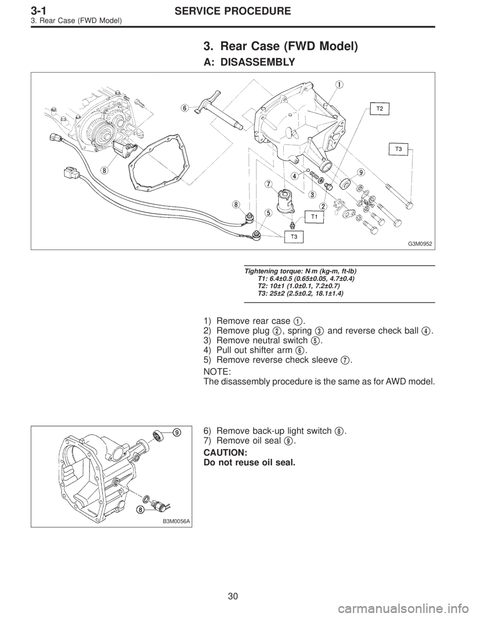 SUBARU LEGACY 1996  Service Repair Manual 3. Rear Case (FWD Model)
A: DISASSEMBLY
G3M0952
Tightening torque: N⋅m (kg-m, ft-lb)
T1: 6.4±0.5 (0.65±0.05, 4.7±0.4)
T2: 10±1 (1.0±0.1, 7.2±0.7)
T3: 25±2 (2.5±0.2, 18.1±1.4)
1) Remove rear