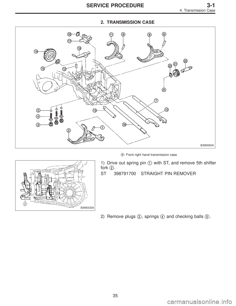 SUBARU LEGACY 1996  Service Repair Manual 2. TRANSMISSION CASE
B3M0060A
A: Front right hand transmission case
B3M0333A
1) Drive out spring pin1with ST, and remove 5th shifter
fork
2.
ST 398791700 STRAIGHT PIN REMOVER
2) Remove plugs
3, sp