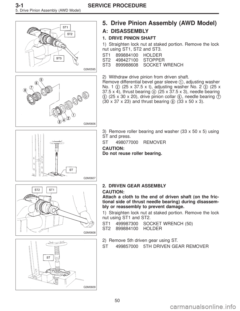 SUBARU LEGACY 1996  Service Repair Manual G3M0595
5. Drive Pinion Assembly (AWD Model)
A: DISASSEMBLY
1. DRIVE PINION SHAFT
1) Straighten lock nut at staked portion. Remove the lock
nut using ST1, ST2 and ST3.
ST1 899884100 HOLDER
ST2 4984271