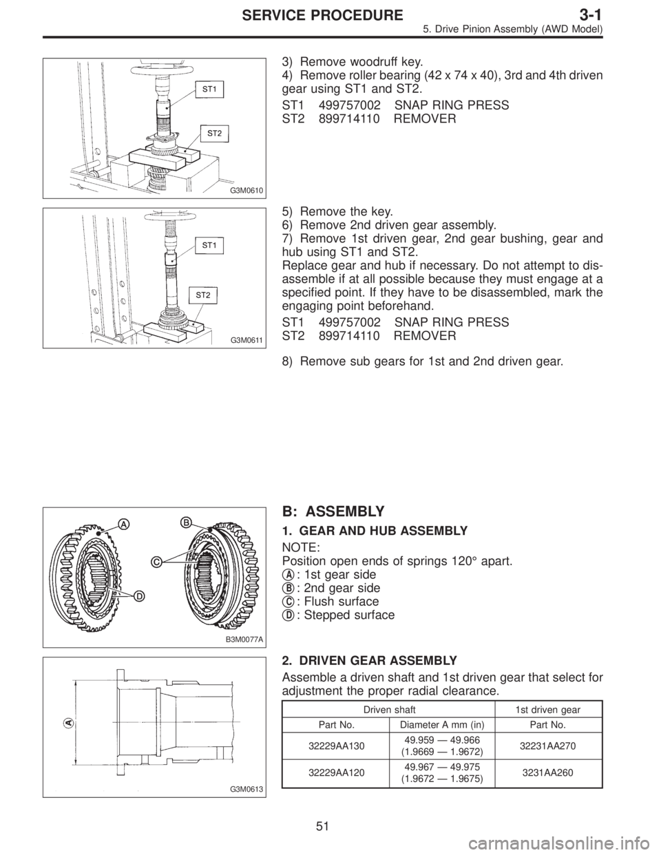 SUBARU LEGACY 1996  Service Repair Manual G3M0610
3) Remove woodruff key.
4) Remove roller bearing (42 x 74 x 40), 3rd and 4th driven
gear using ST1 and ST2.
ST1 499757002 SNAP RING PRESS
ST2 899714110 REMOVER
G3M0611
5) Remove the key.
6) Re