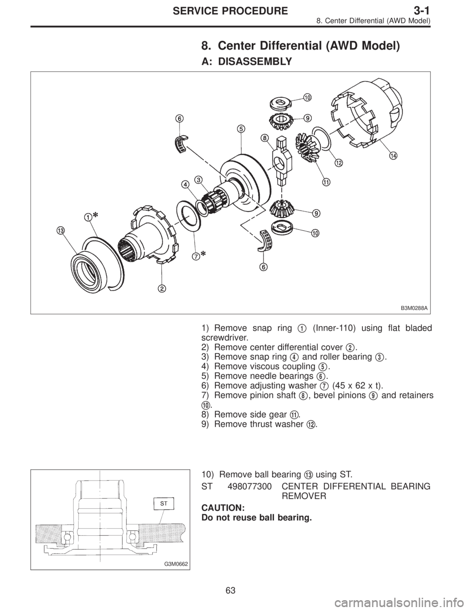 SUBARU LEGACY 1996  Service Repair Manual 8. Center Differential (AWD Model)
A: DISASSEMBLY
B3M0288A
1) Remove snap ring1(Inner-110) using flat bladed
screwdriver.
2) Remove center differential cover
2.
3) Remove snap ring
4and roller bear