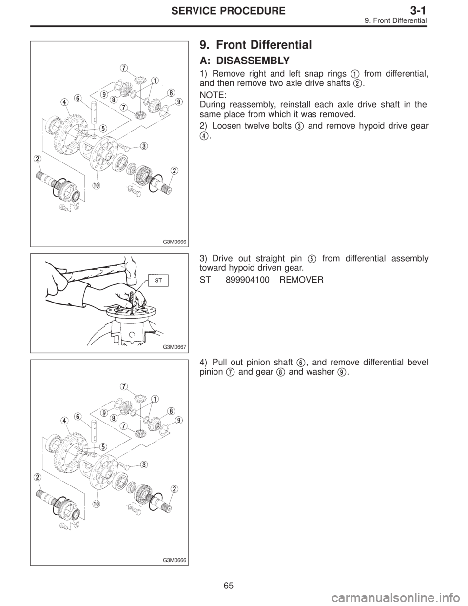 SUBARU LEGACY 1996  Service Repair Manual G3M0666
9. Front Differential
A: DISASSEMBLY
1) Remove right and left snap rings1from differential,
and then remove two axle drive shafts
2.
NOTE:
During reassembly, reinstall each axle drive shaft 