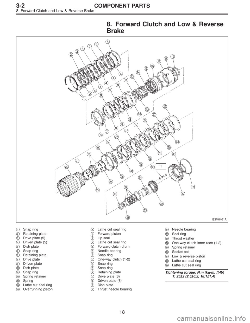 SUBARU LEGACY 1996  Service Repair Manual 8. Forward Clutch and Low & Reverse
Brake
B3M0401A
1Snap ring

2Retaining plate

3Drive plate (5)

4Driven plate (5)

5Dish plate

6Snap ring

7Retaining plate

8Drive plate

9Driven plate

