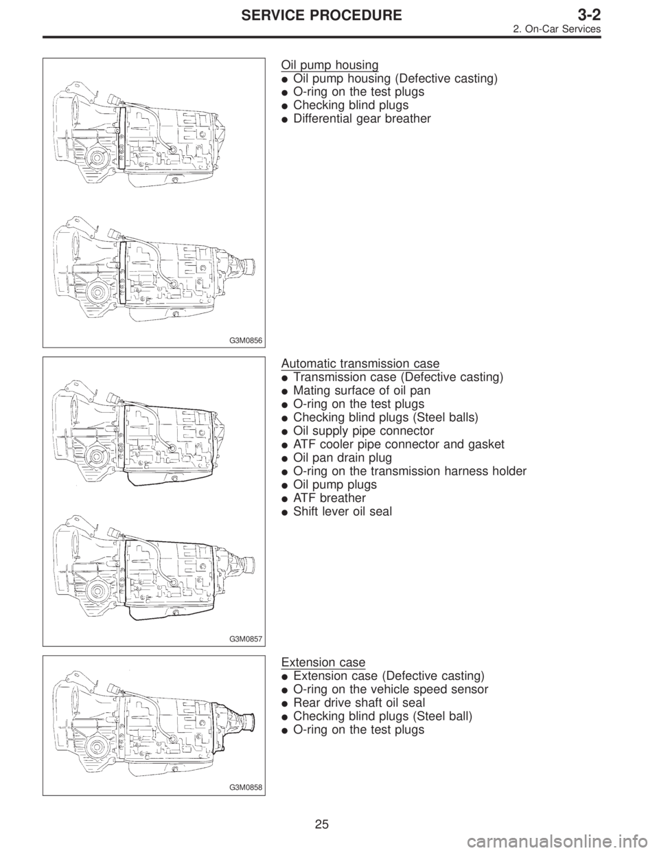 SUBARU LEGACY 1996  Service Repair Manual G3M0856
Oil pump housing
Oil pump housing (Defective casting)
O-ring on the test plugs
Checking blind plugs
Differential gear breather
G3M0857
Automatic transmission case
Transmission case (Defec