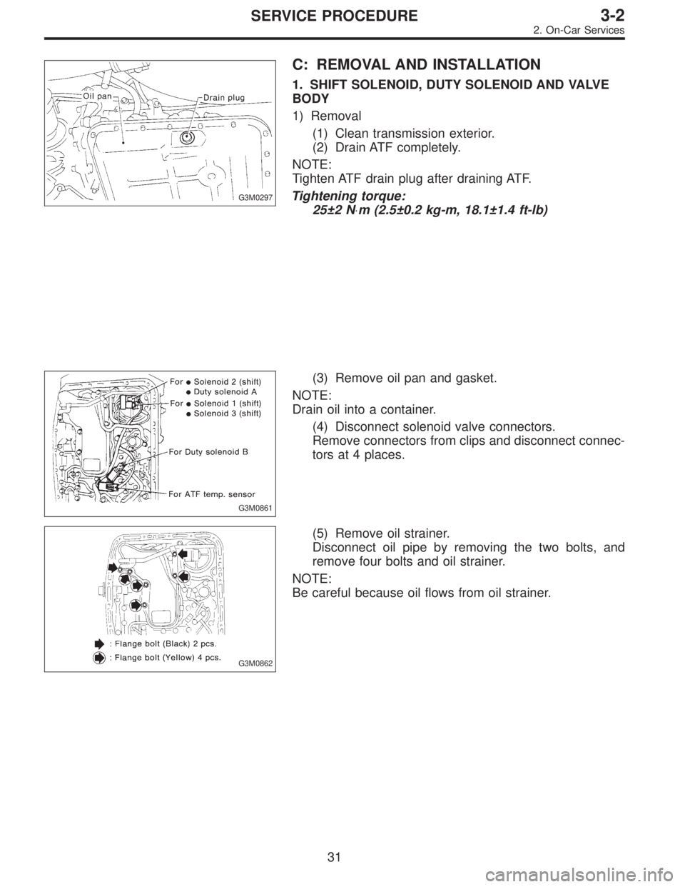 SUBARU LEGACY 1996  Service Repair Manual G3M0297
C: REMOVAL AND INSTALLATION
1. SHIFT SOLENOID, DUTY SOLENOID AND VALVE
BODY
1) Removal
(1) Clean transmission exterior.
(2) Drain ATF completely.
NOTE:
Tighten ATF drain plug after draining AT