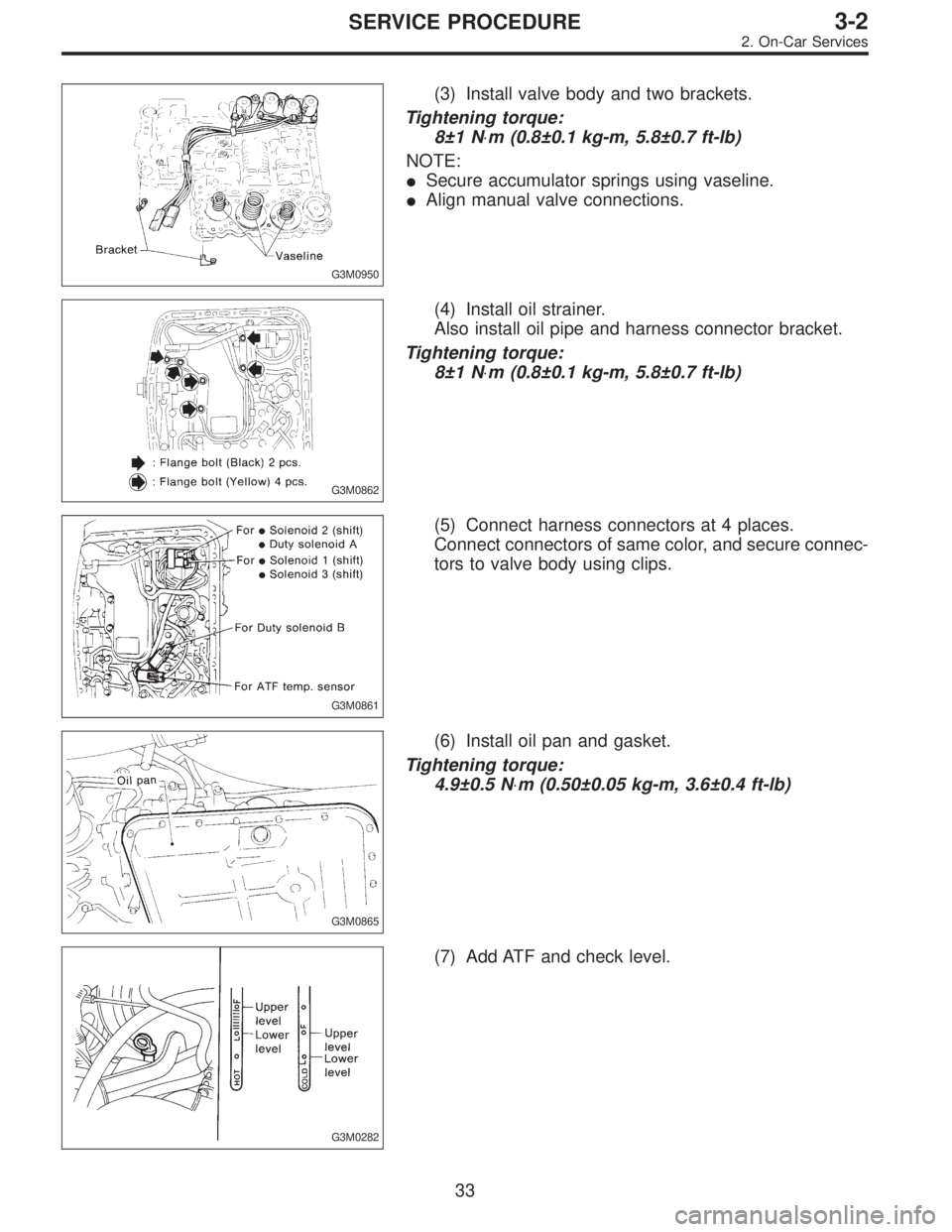 SUBARU LEGACY 1996  Service Repair Manual G3M0950
(3) Install valve body and two brackets.
Tightening torque:
8±1 N⋅m (0.8±0.1 kg-m, 5.8±0.7 ft-lb)
NOTE:
Secure accumulator springs using vaseline.
Align manual valve connections.
G3M086