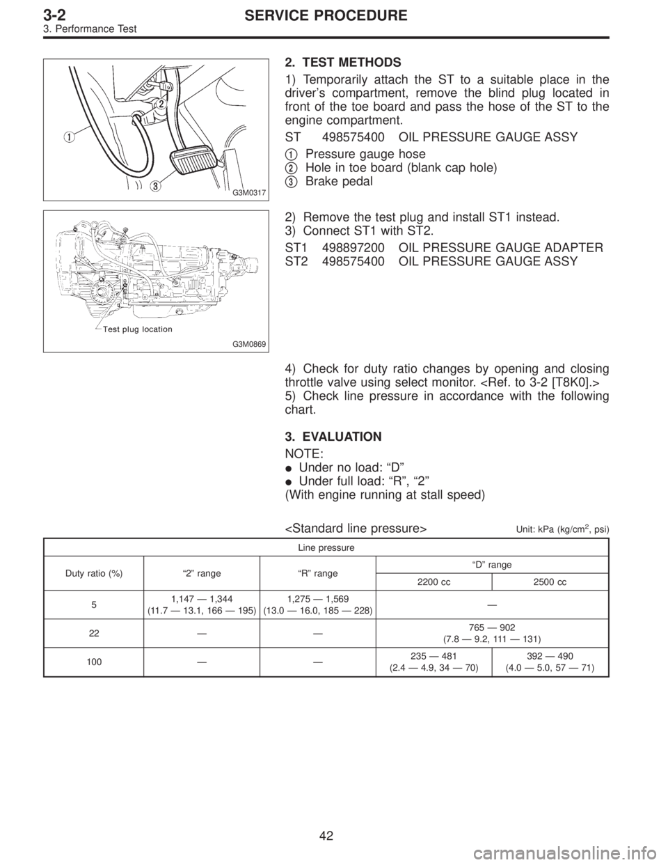 SUBARU LEGACY 1996  Service Repair Manual G3M0317
2. TEST METHODS
1) Temporarily attach the ST to a suitable place in the
driver’s compartment, remove the blind plug located in
front of the toe board and pass the hose of the ST to the
engin