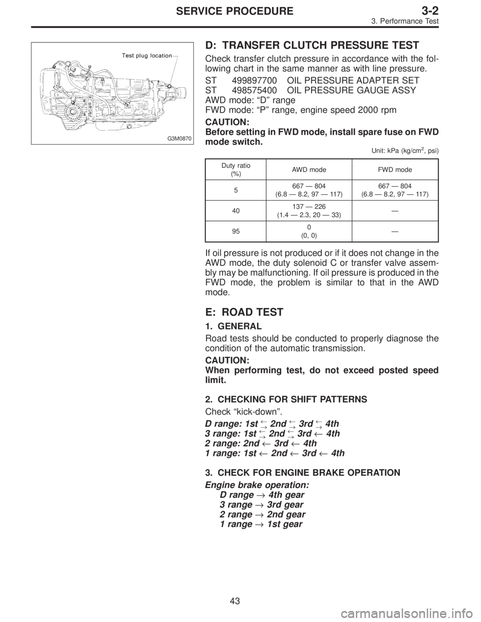 SUBARU LEGACY 1996  Service Repair Manual G3M0870
D: TRANSFER CLUTCH PRESSURE TEST
Check transfer clutch pressure in accordance with the fol-
lowing chart in the same manner as with line pressure.
ST 499897700 OIL PRESSURE ADAPTER SET
ST 4985