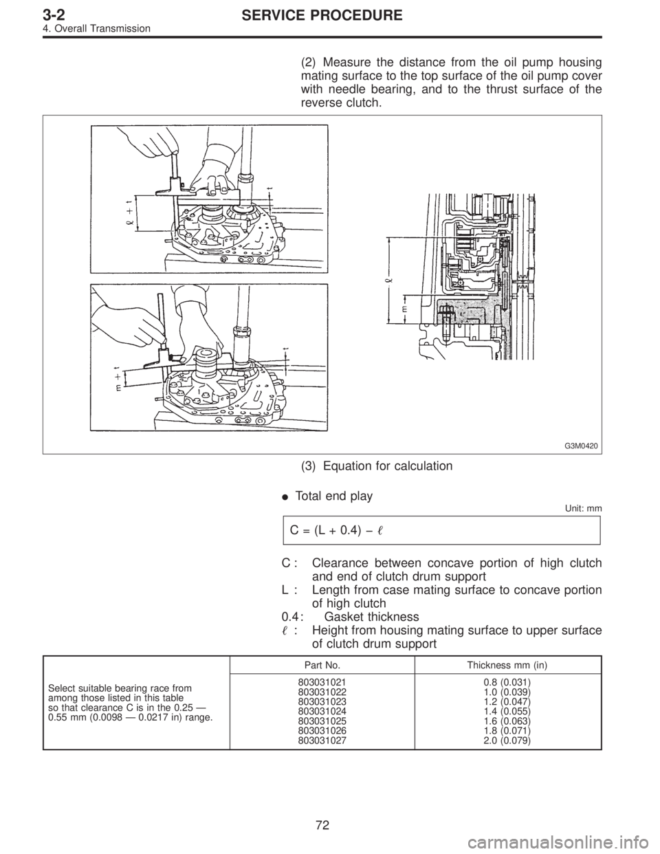 SUBARU LEGACY 1996  Service Repair Manual (2) Measure the distance from the oil pump housing
mating surface to the top surface of the oil pump cover
with needle bearing, and to the thrust surface of the
reverse clutch.
G3M0420
(3) Equation fo